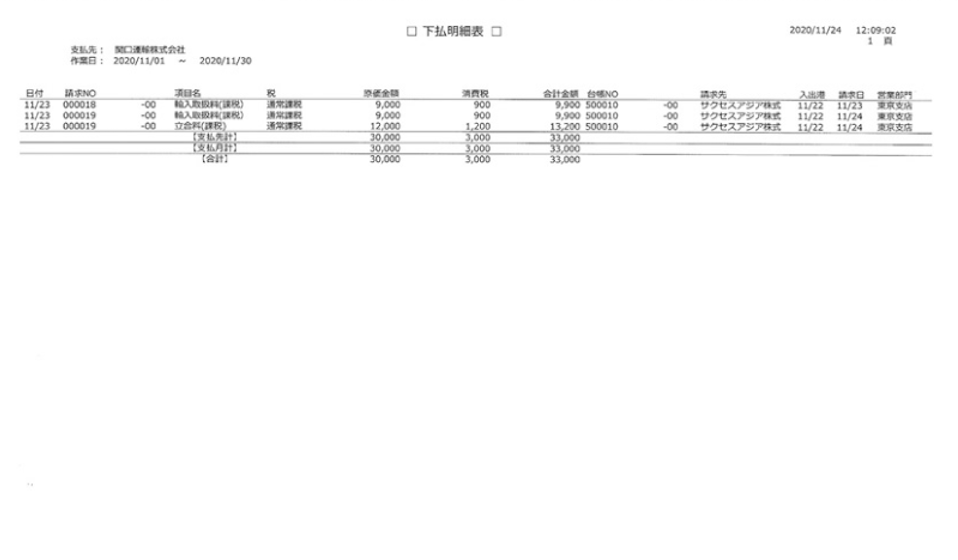 輸出入管理システムLOGI-Cube PORT（ロジキューブ ポート）の下払管理メニューの下払明細書
